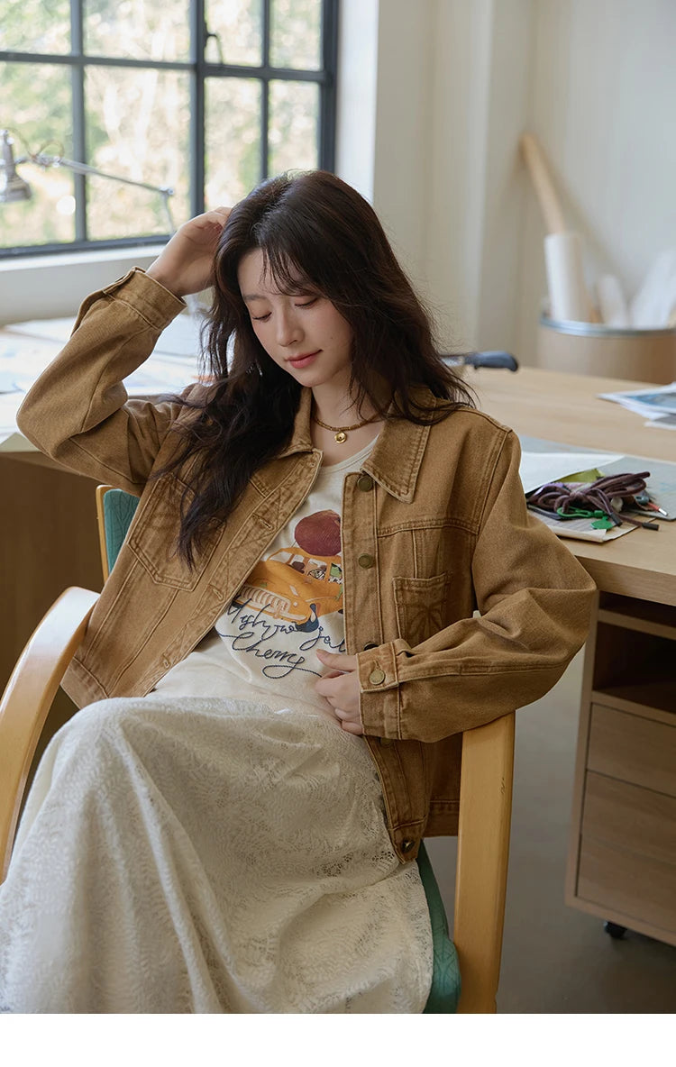 MISHOW Light Brown Denim Jacket Embroidered Pockets Dropped Sleeve MXE41W0795