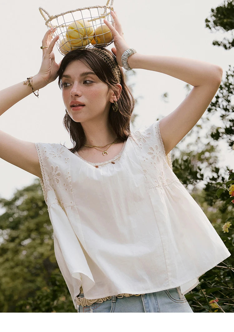 MISHOW Solid Short Flying Sleeve Blouse Round Neck Hollow Lace MXE33X1778