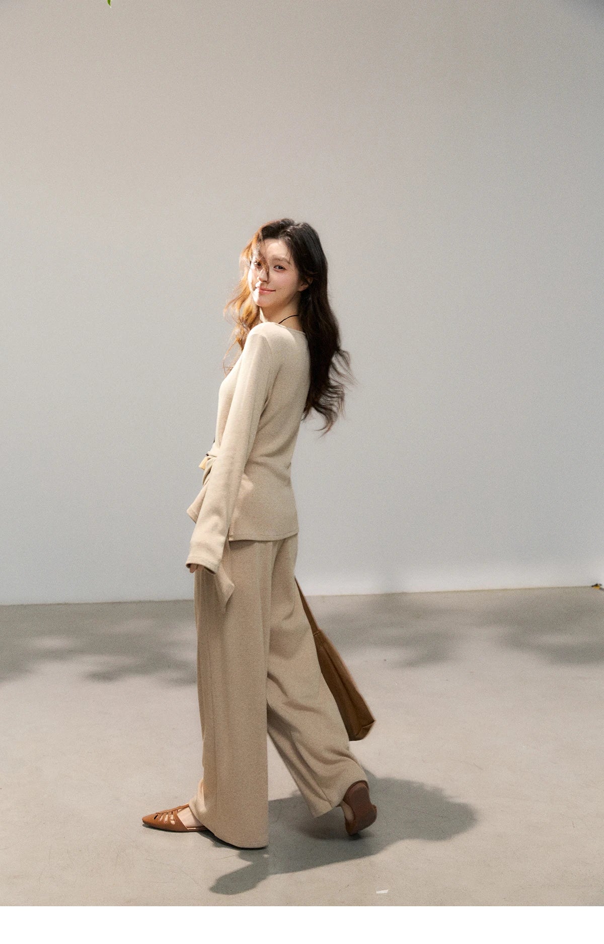 Mishow Khaki Asymmetrical Hem Top & Wide Leg Pants Set MXF11T1465