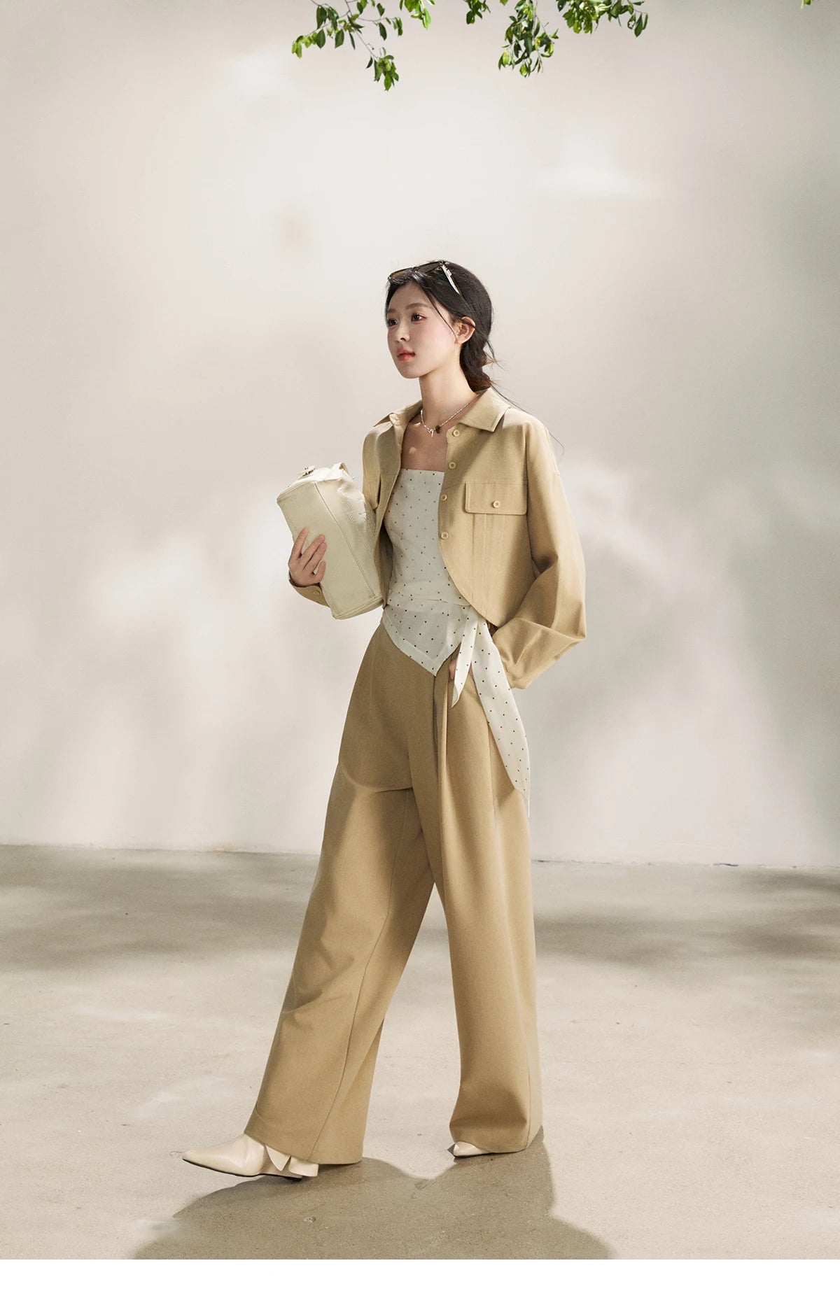 Mishow Khaki Cropped Jacket & Polka Dot Vest & Wide Leg Pants Three-Piece Set MXF13T1478
