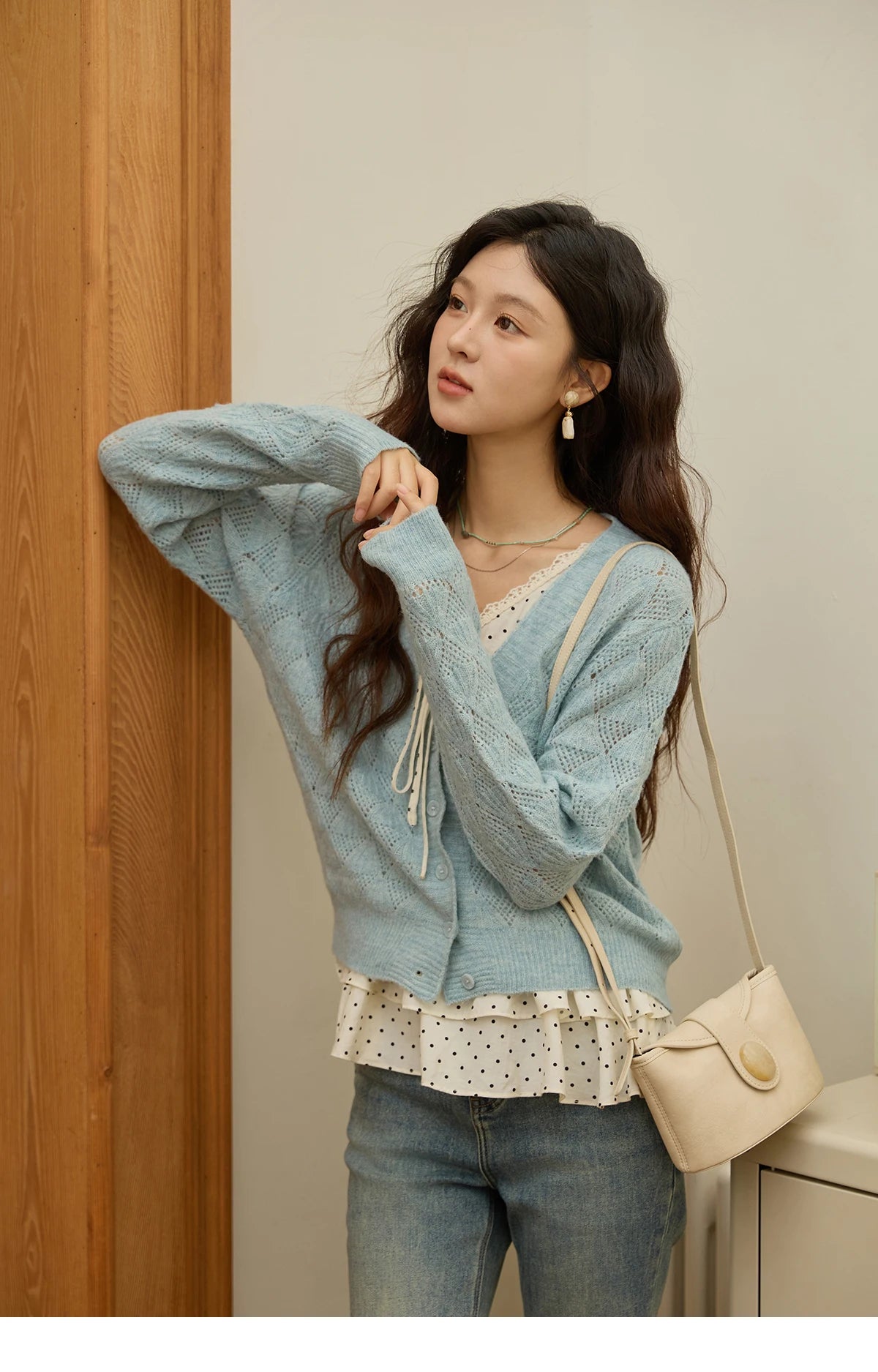 Mishow Blue Argyle Dropped Sleeve Wool Cardigan MXE41Z1313
