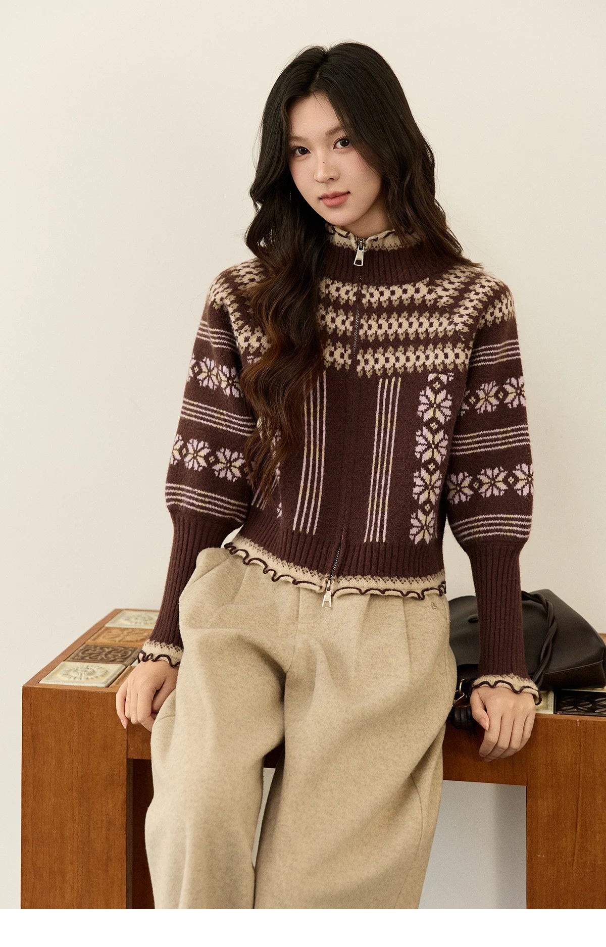 Mishow Brown Fair Isle Lantern Sleeve Zipper Top MXE91Z2868