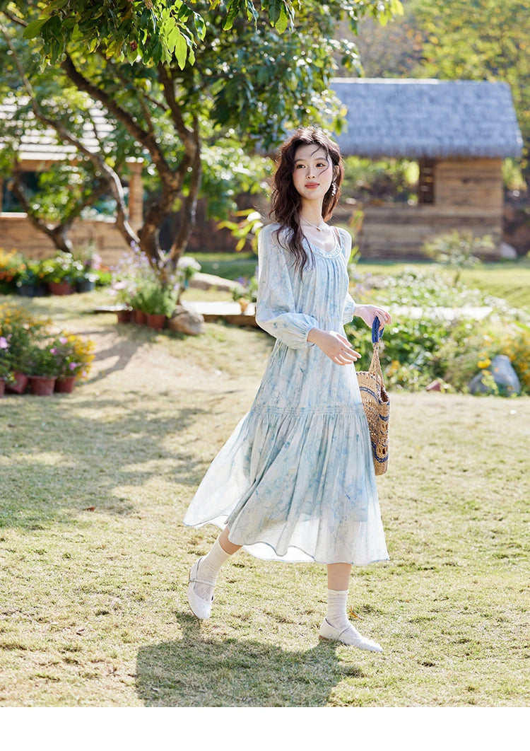 Mishow Blue Floral Chiffon Drawstring Lantern Sleeve Dress MXE16L2114