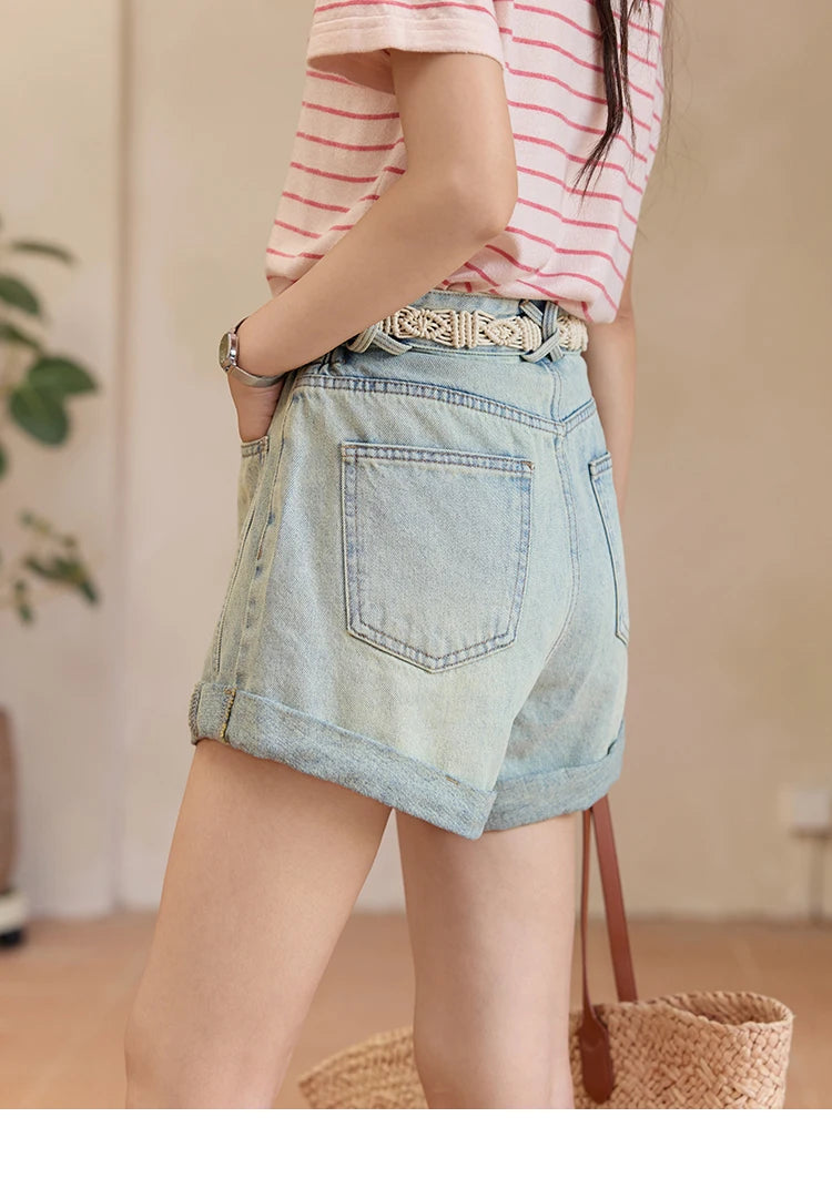 Mishow Retro Light Blue Washed Wide Leg Denim Shorts MXE35K0944