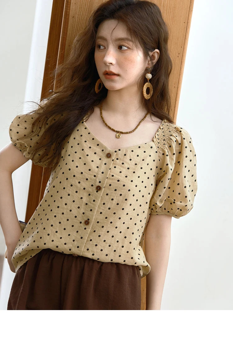 MISHOW Polka Dot Puff Sleeve Blouse V-Neck Button MXE37X1859