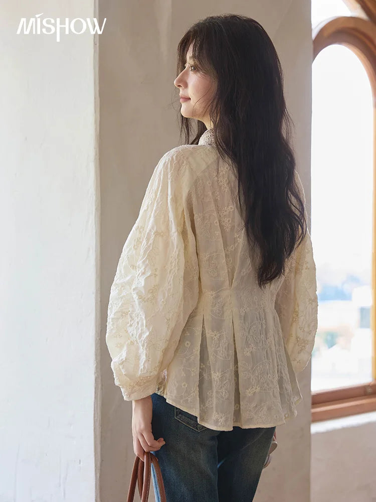 MISHOW French Lace Blouse Lantern Sleeve Ruffle Hem MXE42C2372