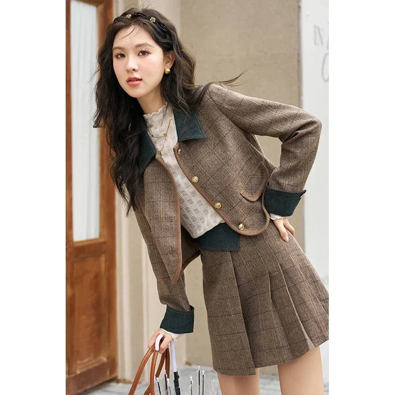 Mishow Fashion Retro Plaid Wool Jacket & Half Pleated Skirt Set MXC47W0154