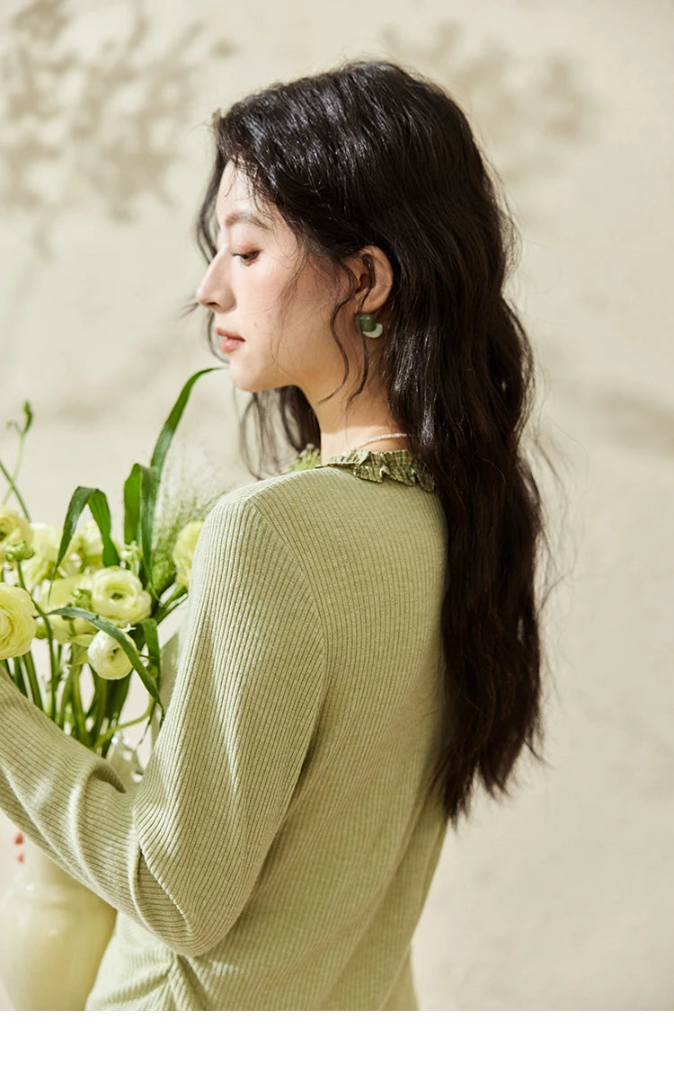 Mishow Green Plaid Lotus Leaf Sleeve Tee MXE14Z1152