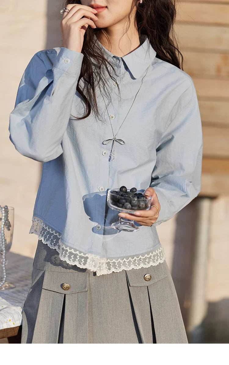 MISHOW Cotton Blue Shirt Hem Lace Lapel Collar MXE12C0410