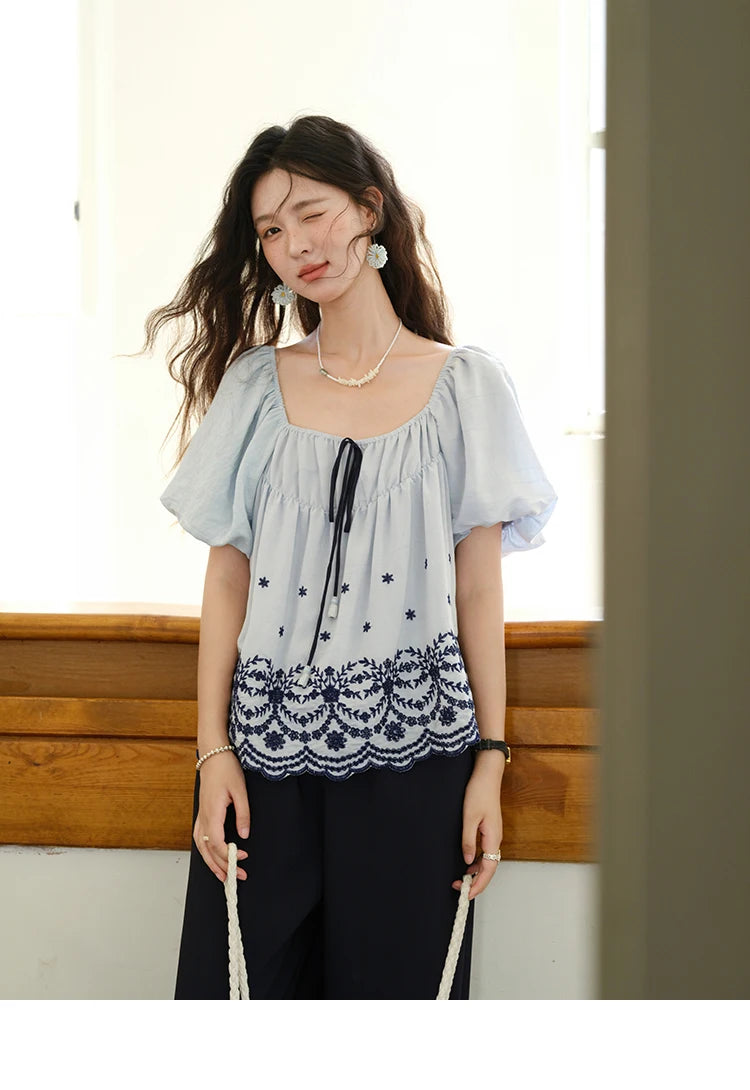 MISHOW Blue Print Blouse Square Neck Lace Up Puff Sleeve MXE36X1799