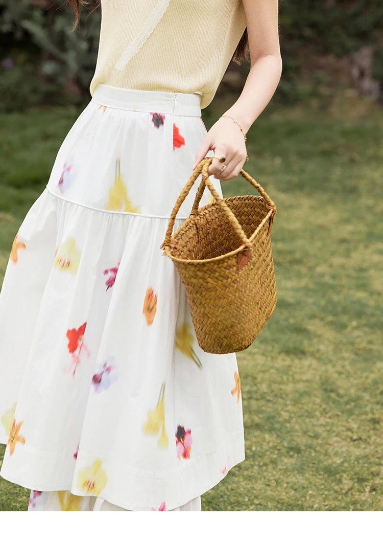 MISHOW White Background Flower Cotton Skirt High Waist A-LINE MXE32B0720