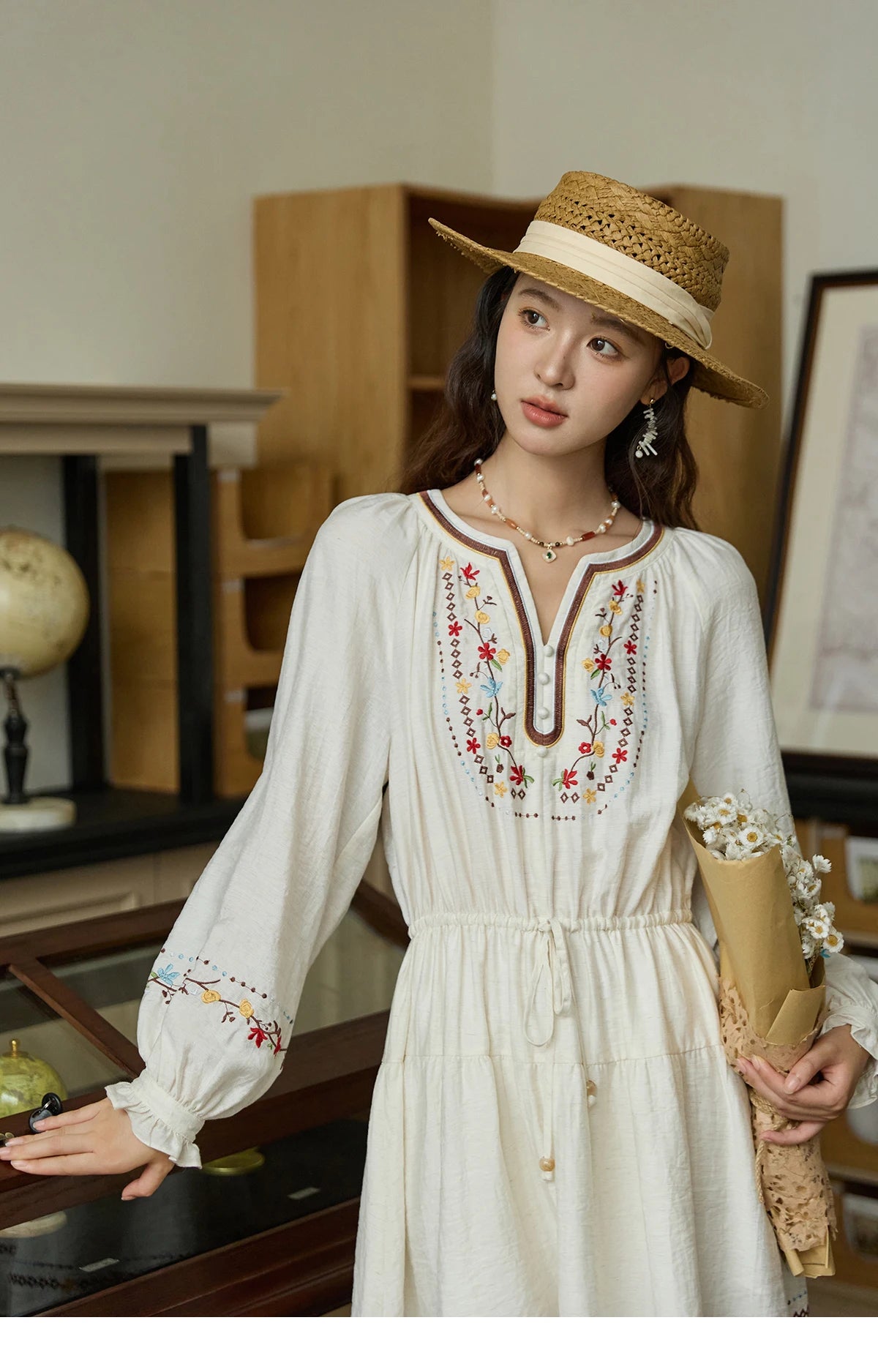Mishow V-Neck Embroidered Drawstring Bohemian Dress MXE44L2489