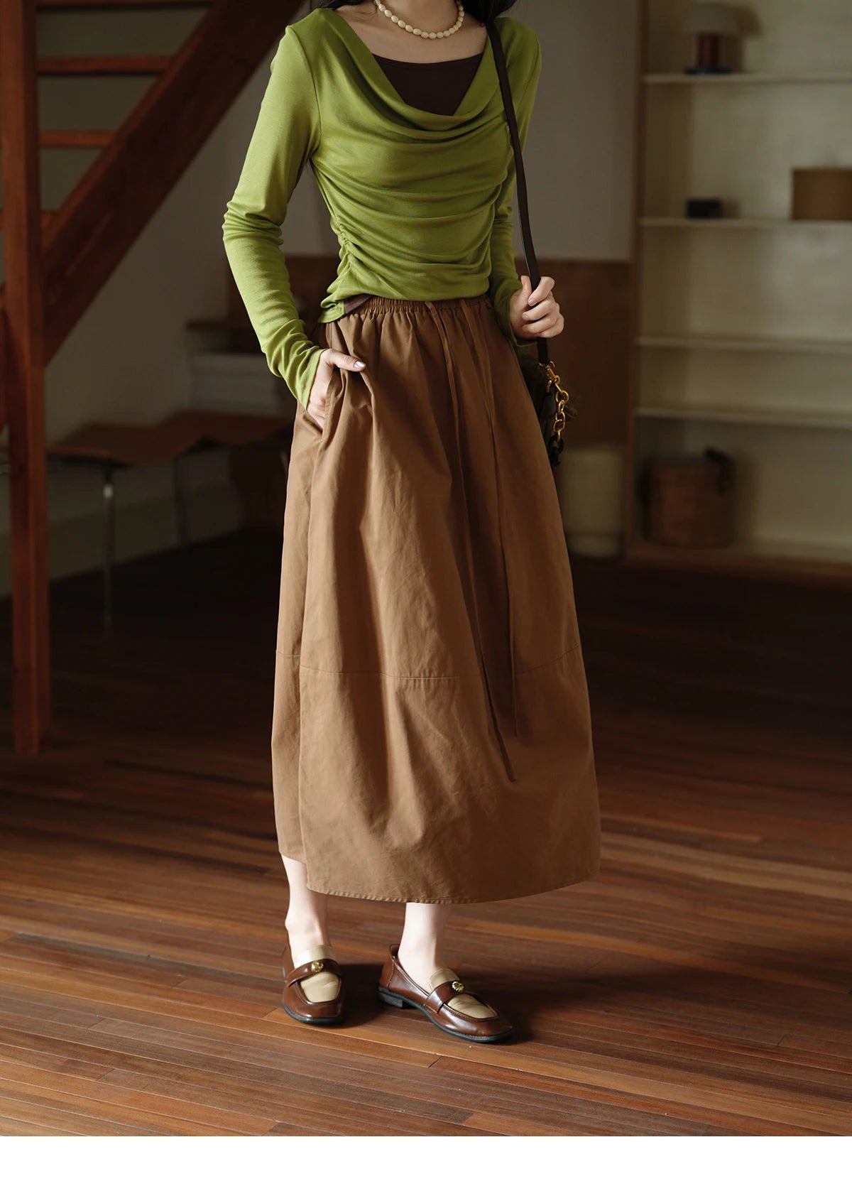 MISHOW Brown Cotton Bud Skirt Elastic Drawstring High Waist Pocket MXE41B2367