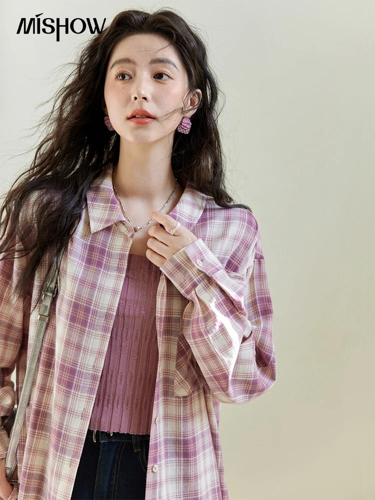 MISHOW Purple Plaid Cotton Shirt Polo Neck Pockets MXE14C0417