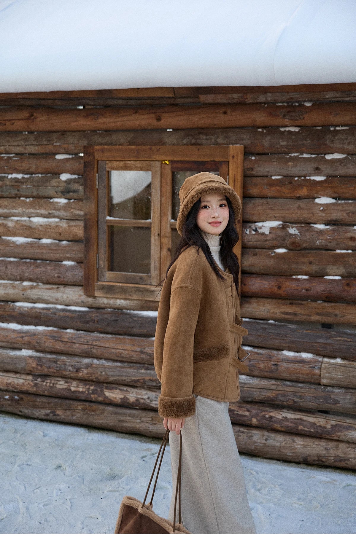 MISHOW Brown Round Neck Coat Button Pockets Loose Windproof MXE90W0994