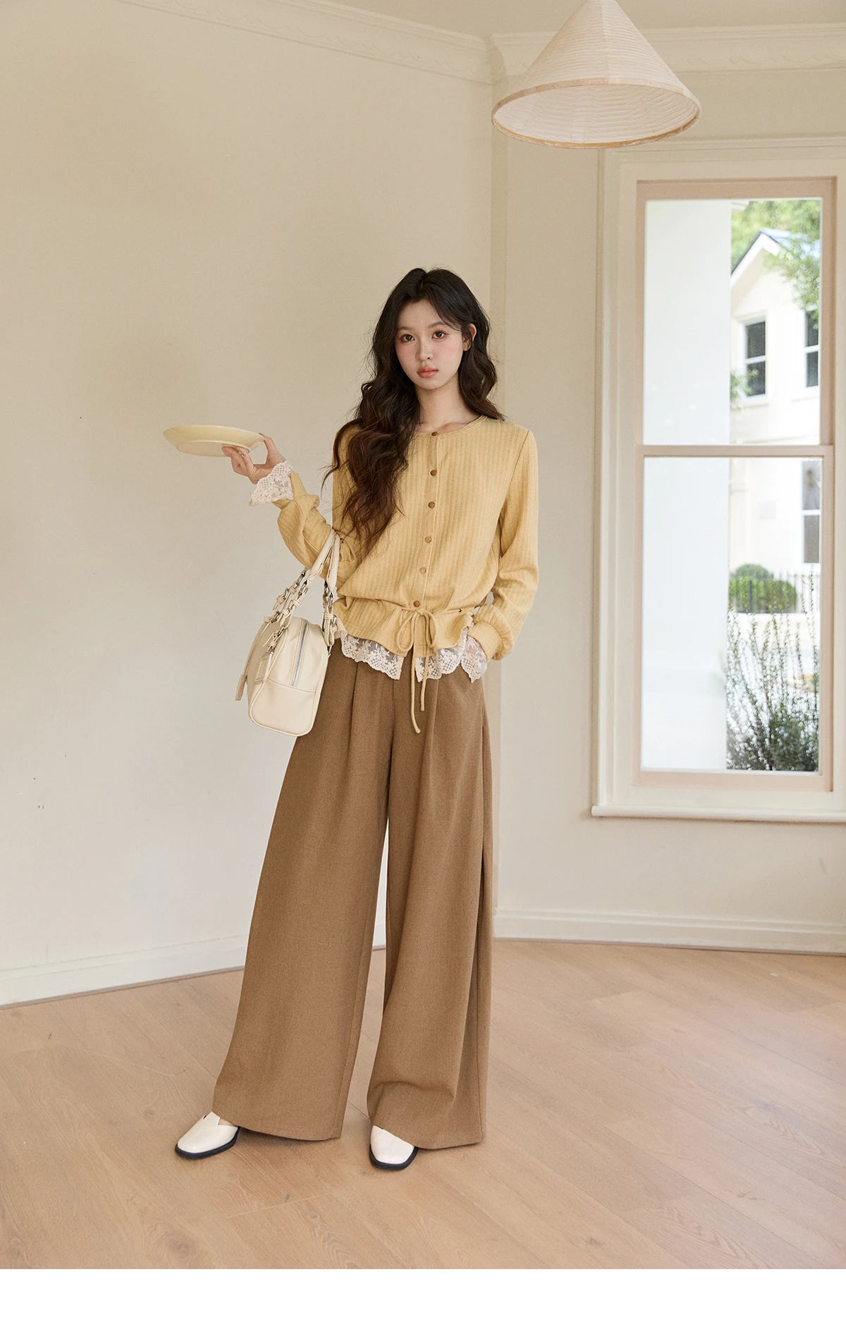 Mishow Yellow Ribbed Lace Trim Drawstring Cardigan MXF11Z2919