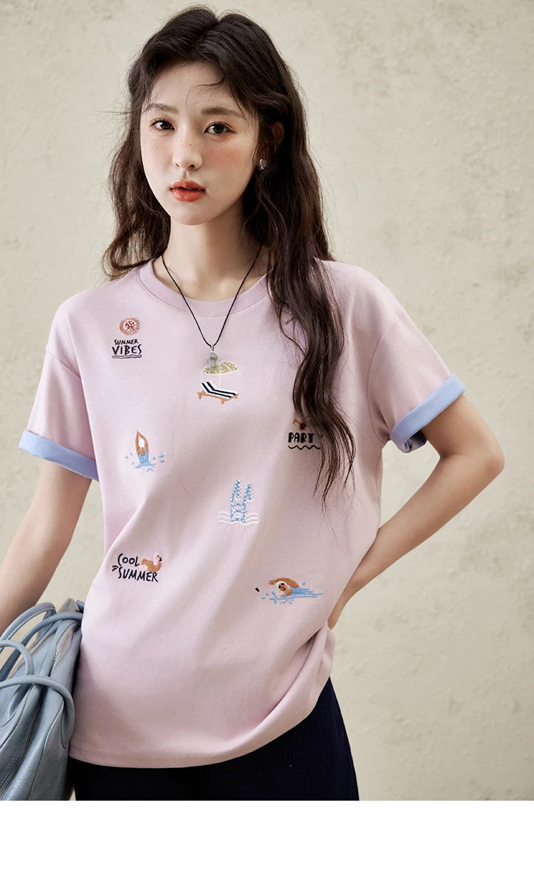 Mishow Embroidered Cartoon Round Neck Tee MXE16T0506