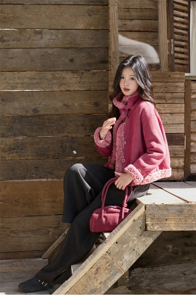 Mishow Dragon Fruit Red Suede Patchwork Coat MXE87W0942