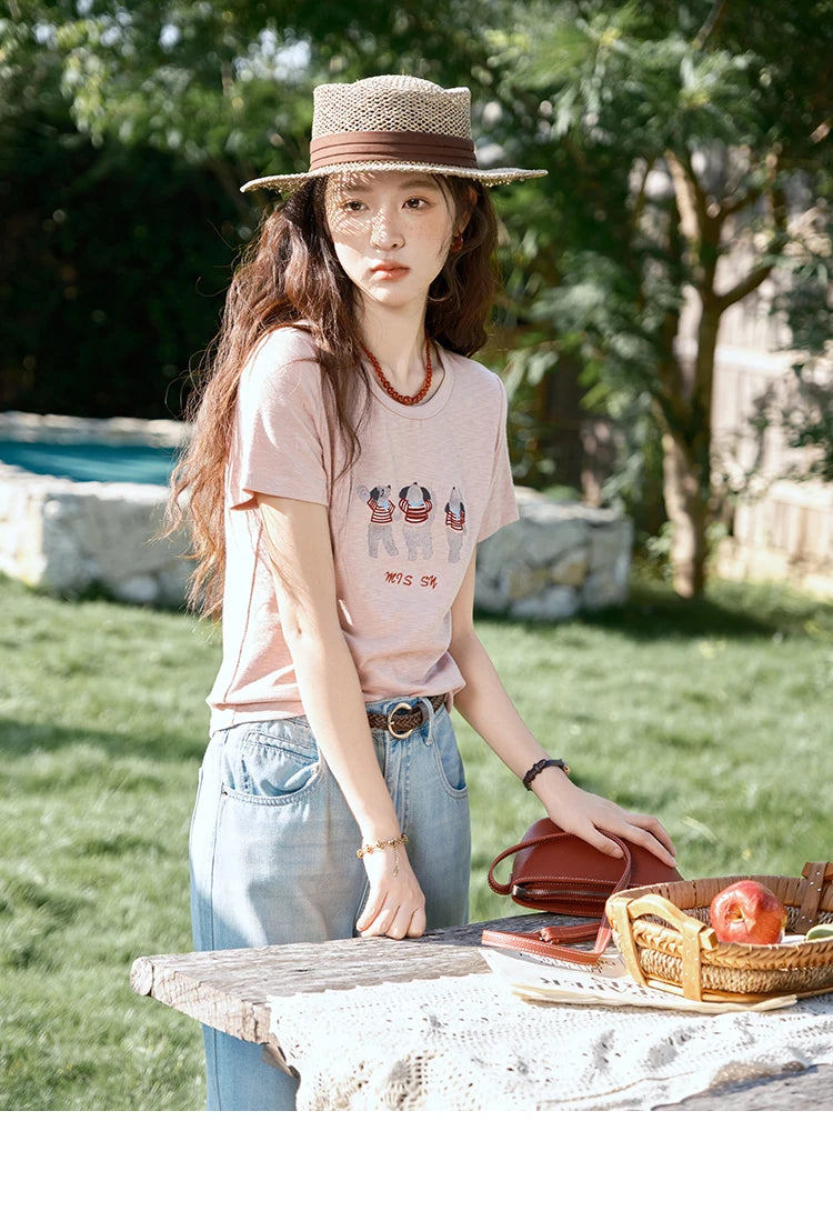 Mishow Little Bear Embroidery Round Neck Tee MXE39T0699