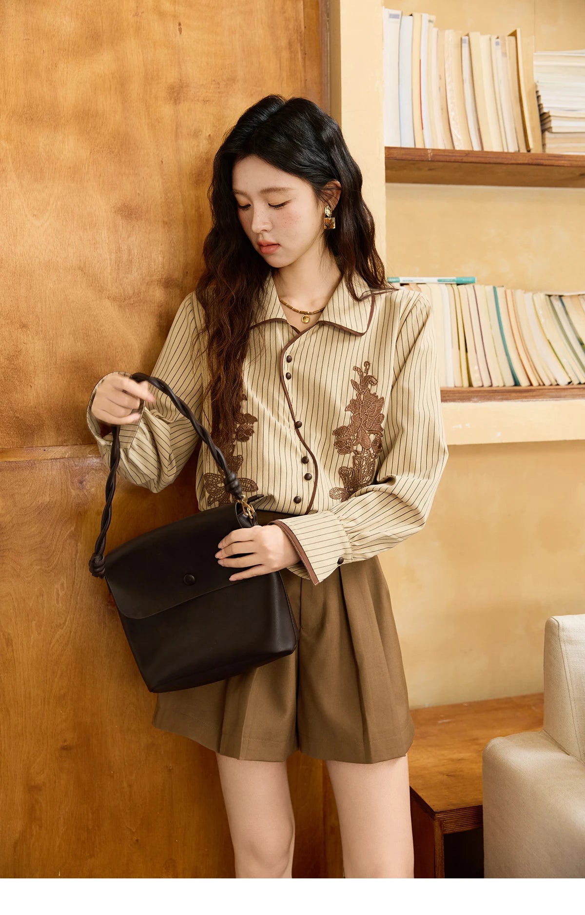 MISHOW Khaki Brushed Striped Shirt Lace Embroidered Asymmetric Placket MXE45C2402