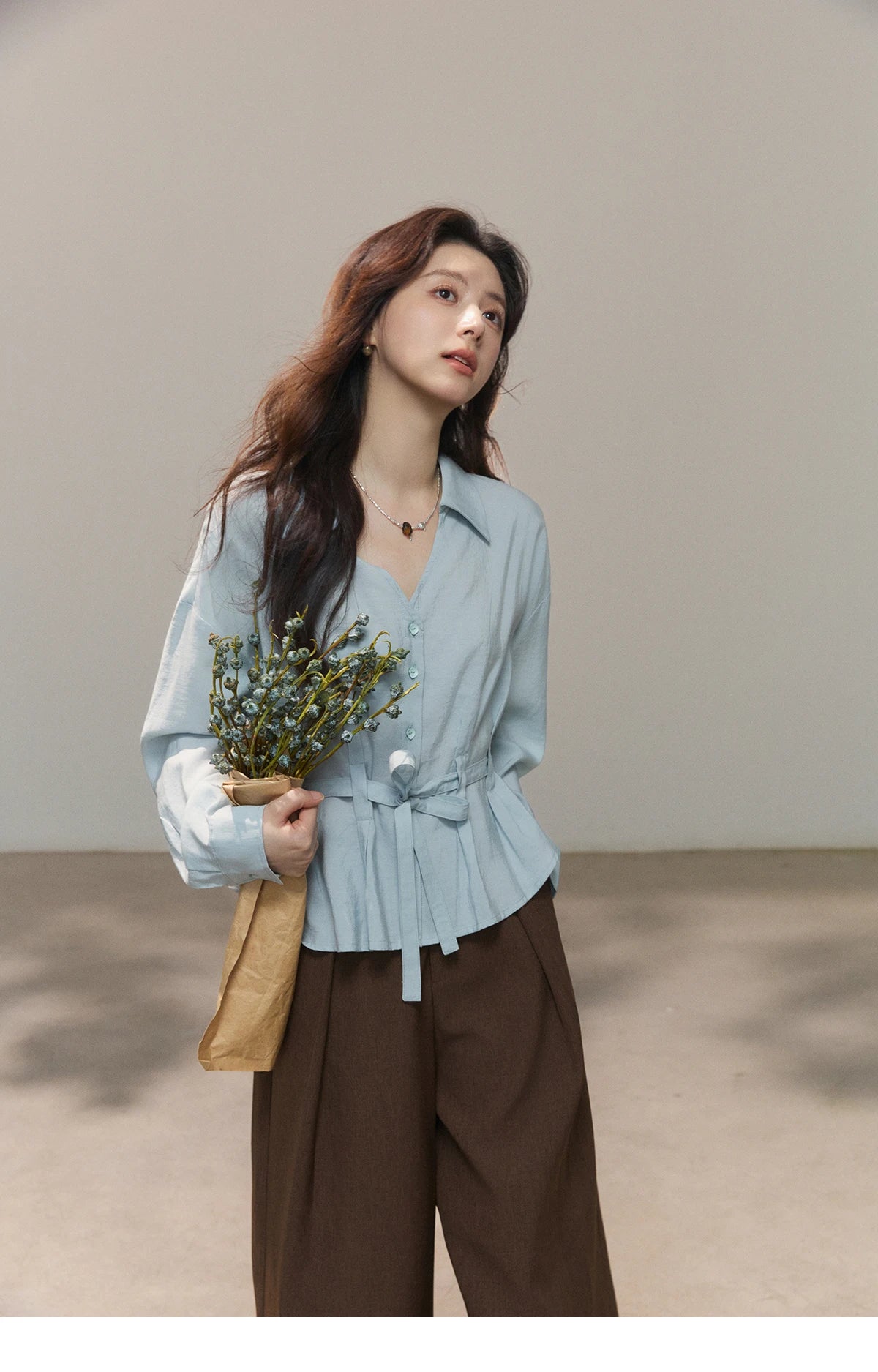 MISHOW Light Blue Lyocell Shirt V-Neck Belted Waist MXF13C2437