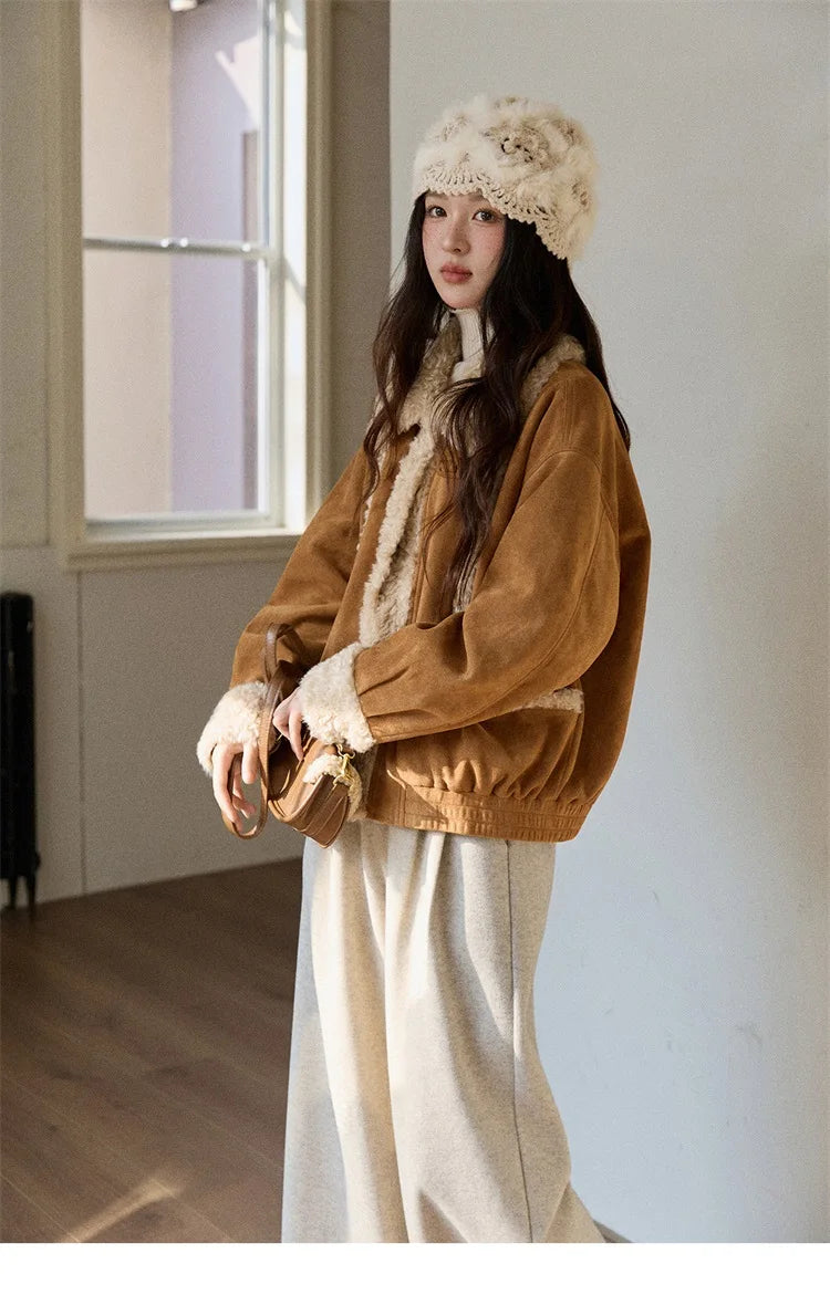 MISHOW Retro Brown Suede Jacket Patchwork Fur Turn Down Collar MXE89W0895