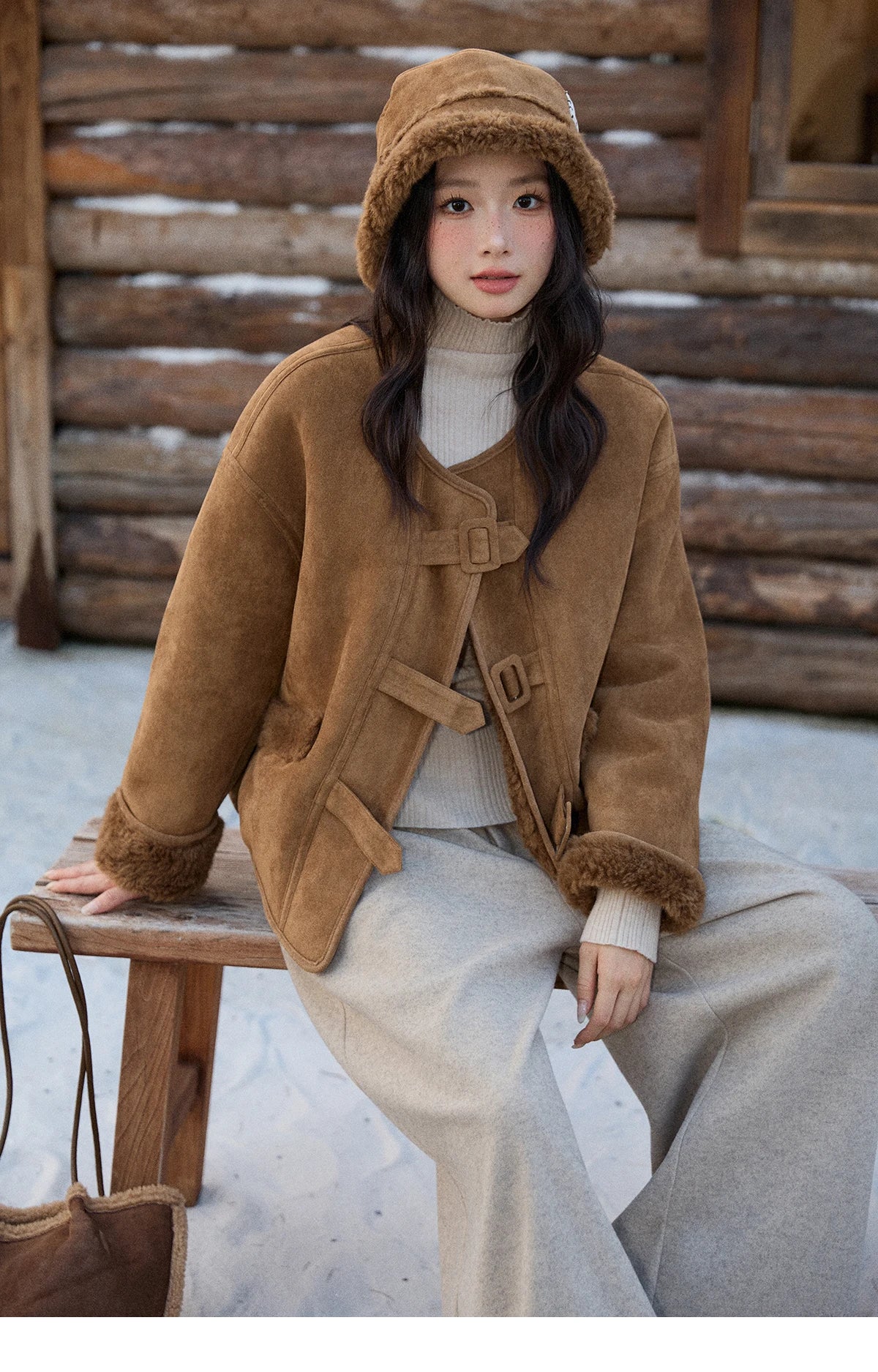 MISHOW Brown Round Neck Coat Button Pockets Loose Windproof MXE90W0994
