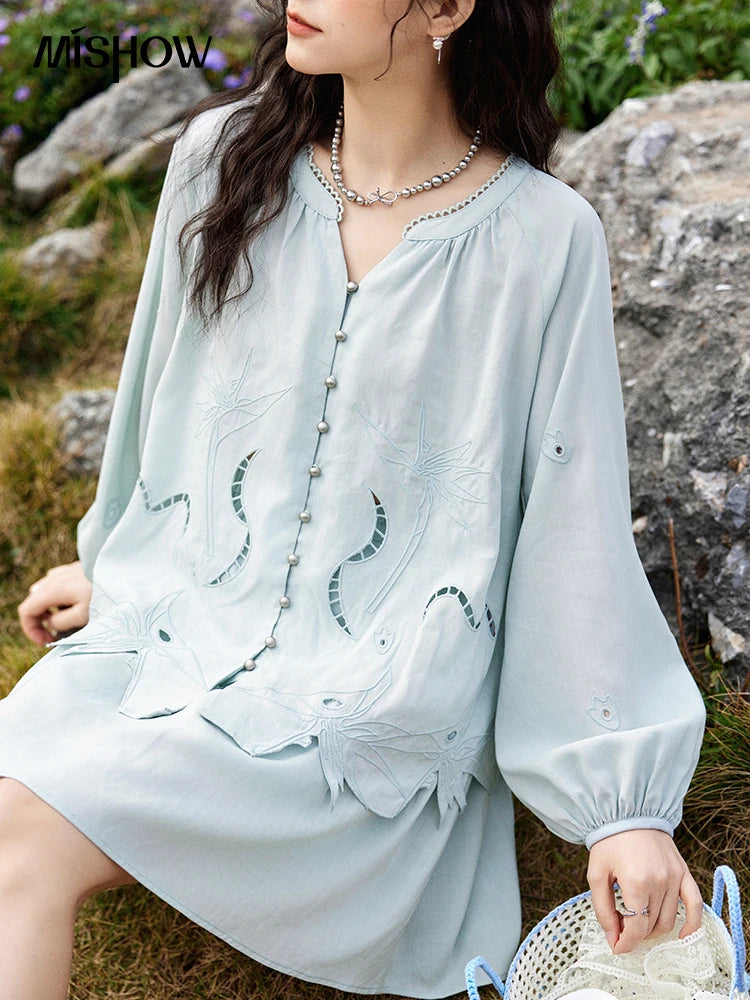 Mishow Vintage Hollow Embroidery Blouse & Solid A-Line Skirt Set MXE12T0455