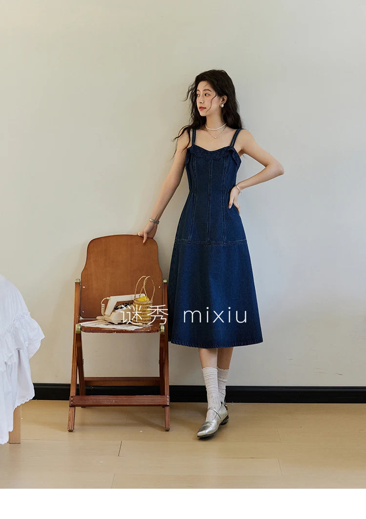 Mishow Denim Camisole Hollowed Out Lace Edge Dress MXE13L2094