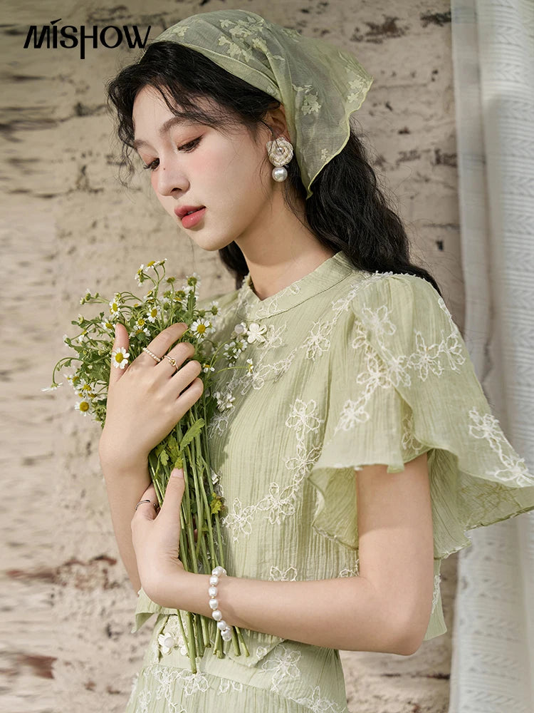 Mishow Chinese Green Stand Collar Top & Selvedge Skirt Set MXD22X1388