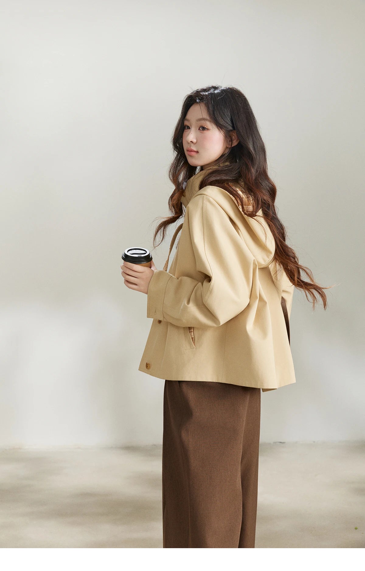 MISHOW Khaki Cropped Trench Coat Lapel Stand Collar MXF108W1003