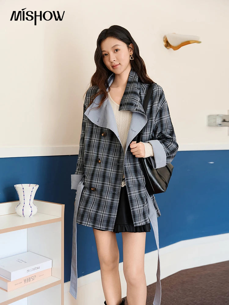 Mishow Blue Plaid Two-Sided Trench Coat MXE48W0871