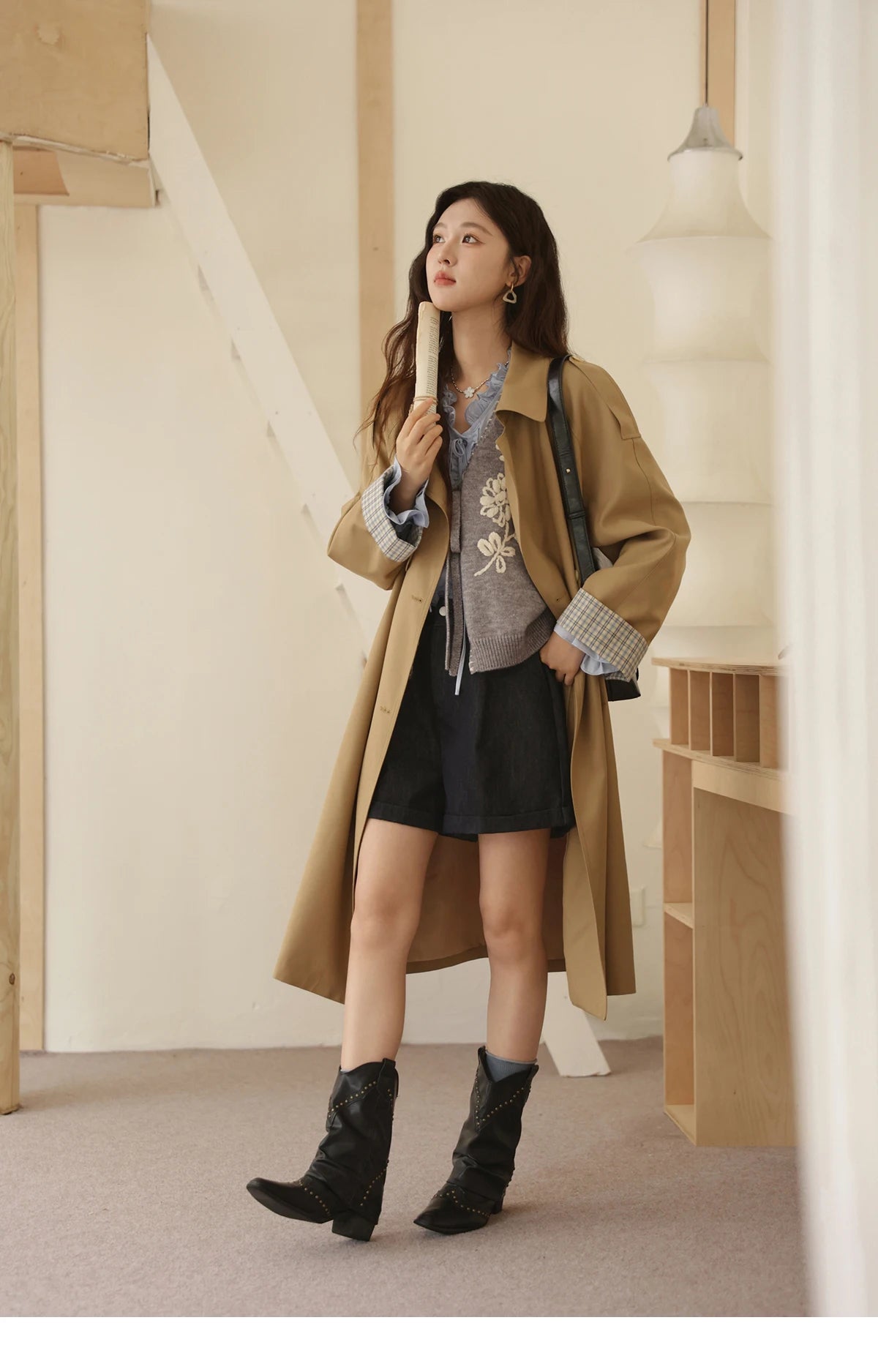 Mishow Khaki Retro Plaid Flip Sleeve Trench Coat MXE44W0814