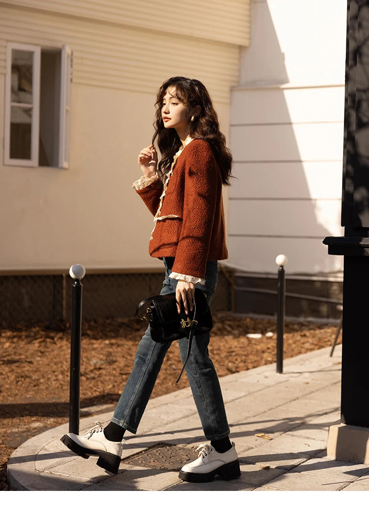 MISHOW Wool Coat Lace Splicing Lamb Wool Button Pockets MXB43W0720