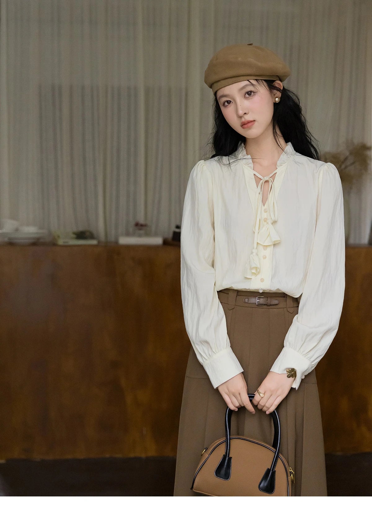 MISHOW Flower Bud Tie Lyocell Shirt V-Neck Long Sleeve MXD42X1640