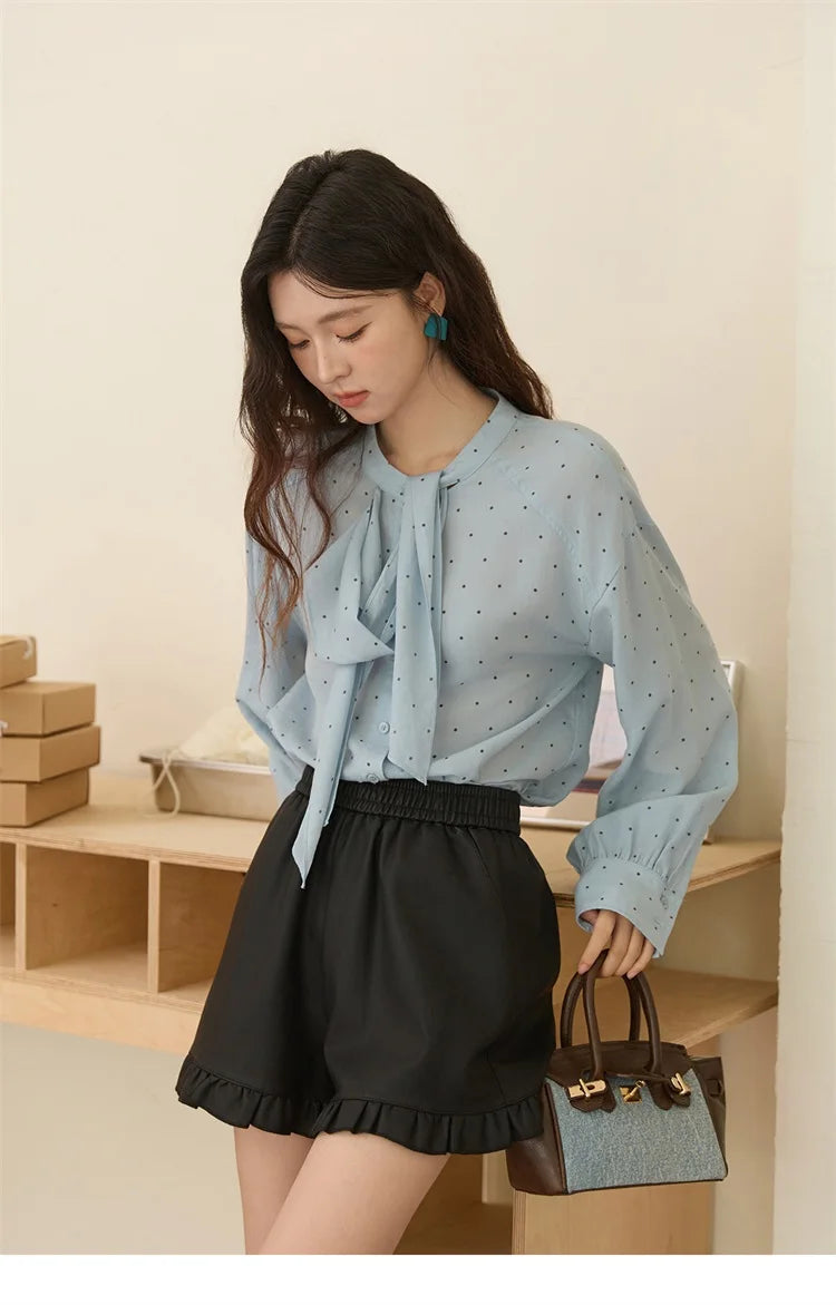 MISHOW Blue Polka Dot Shirt Bow Collar Long Sleeve MXE45X2475