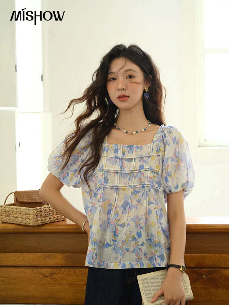 MISHOW Square Neck Puff Sleeve Blouse Print Top MXE39X1937