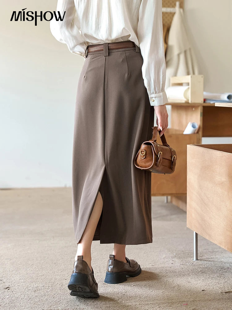 MISHOW Pleated Midi Skirt A-LINE Pockets Split Back Hem MXC42B0118