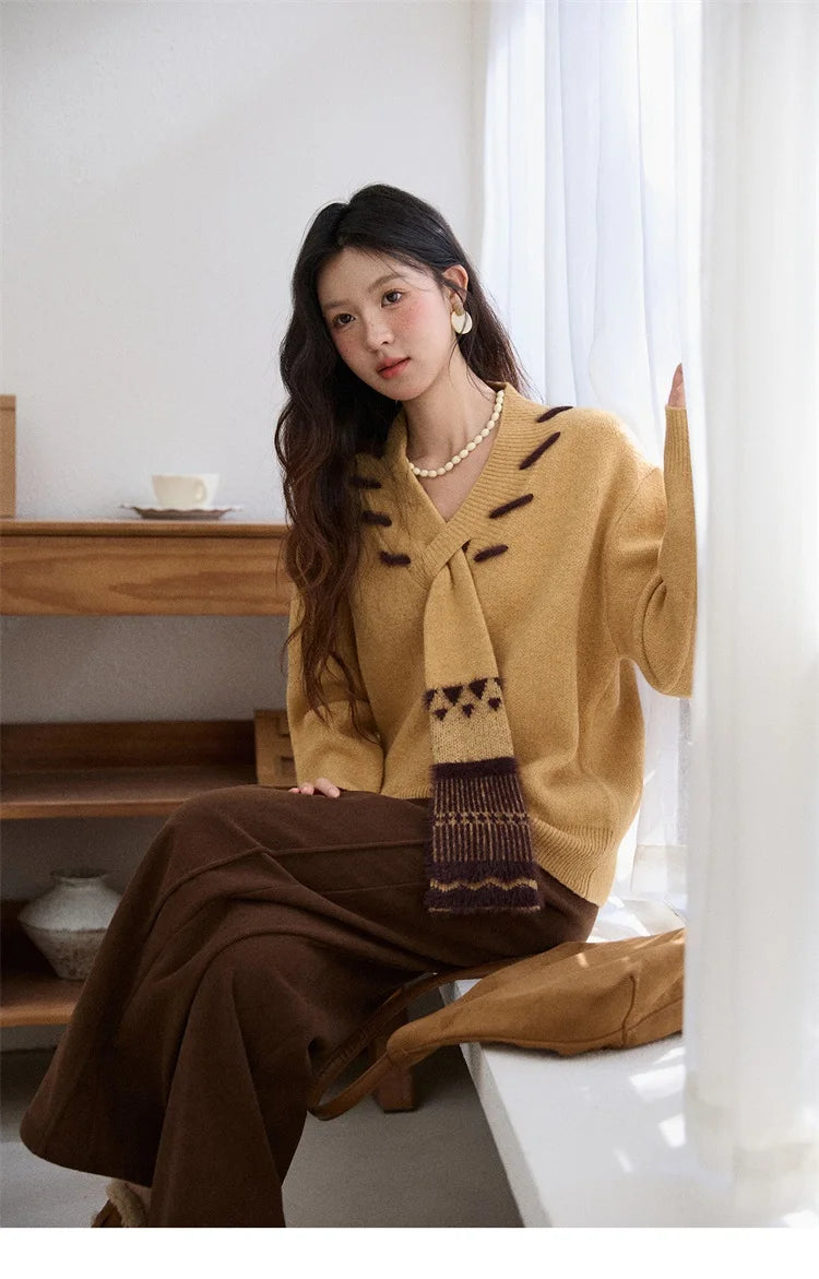 Mishow Yellow V-Neck French Workwear Pullover MXE87Z2771