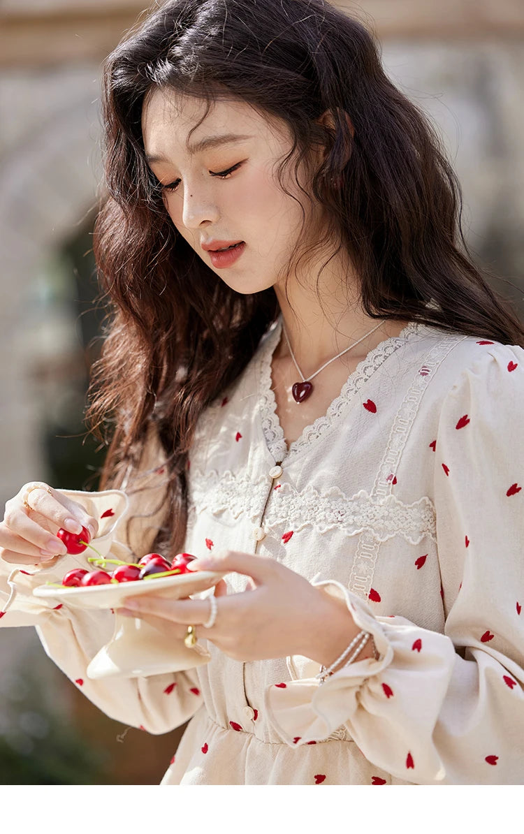 MISHOW Love Embroidered V-Neck Blouse Waist Ruffle MXE13X1700