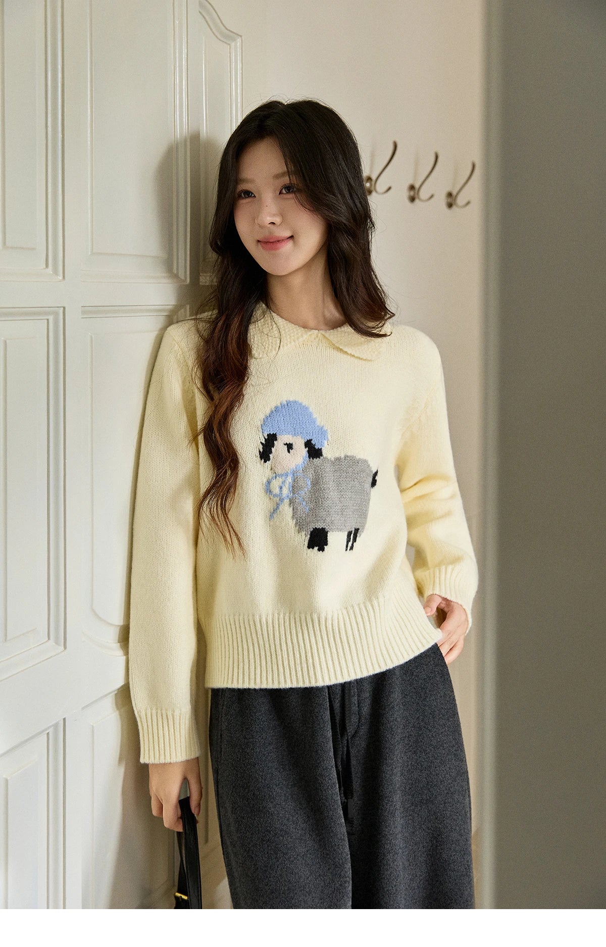 Mishow Beige Sheep Pattern Round Collar Sweater MXE94Z2962