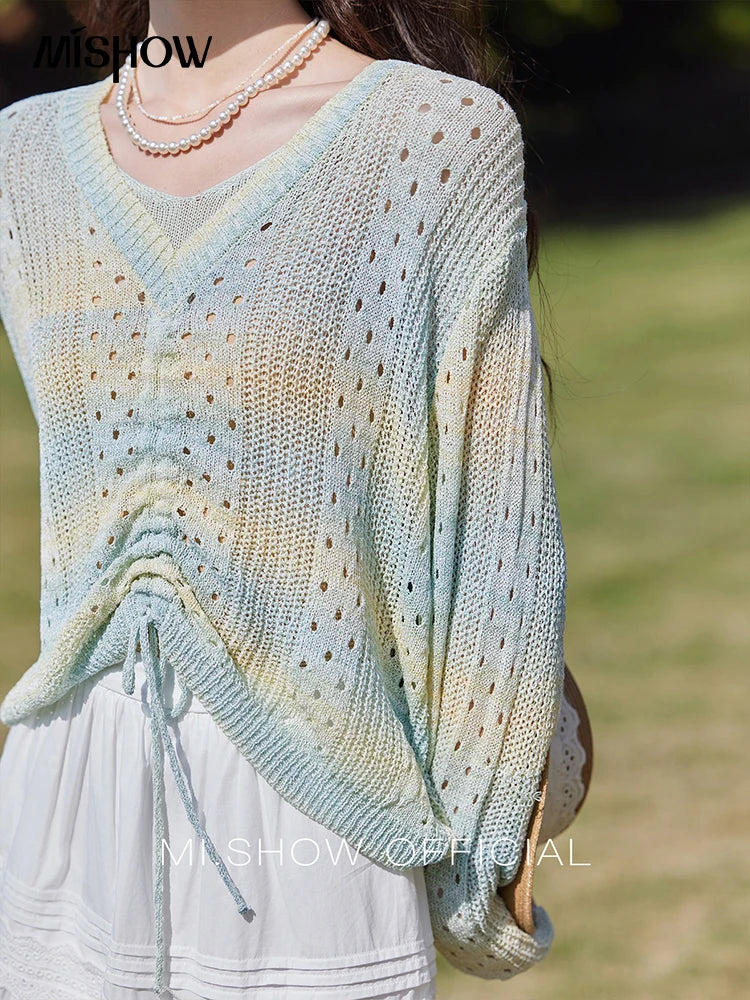 Mishow Gradient Blue Green V-Neck Drawstring Sweater MXE16Z1171