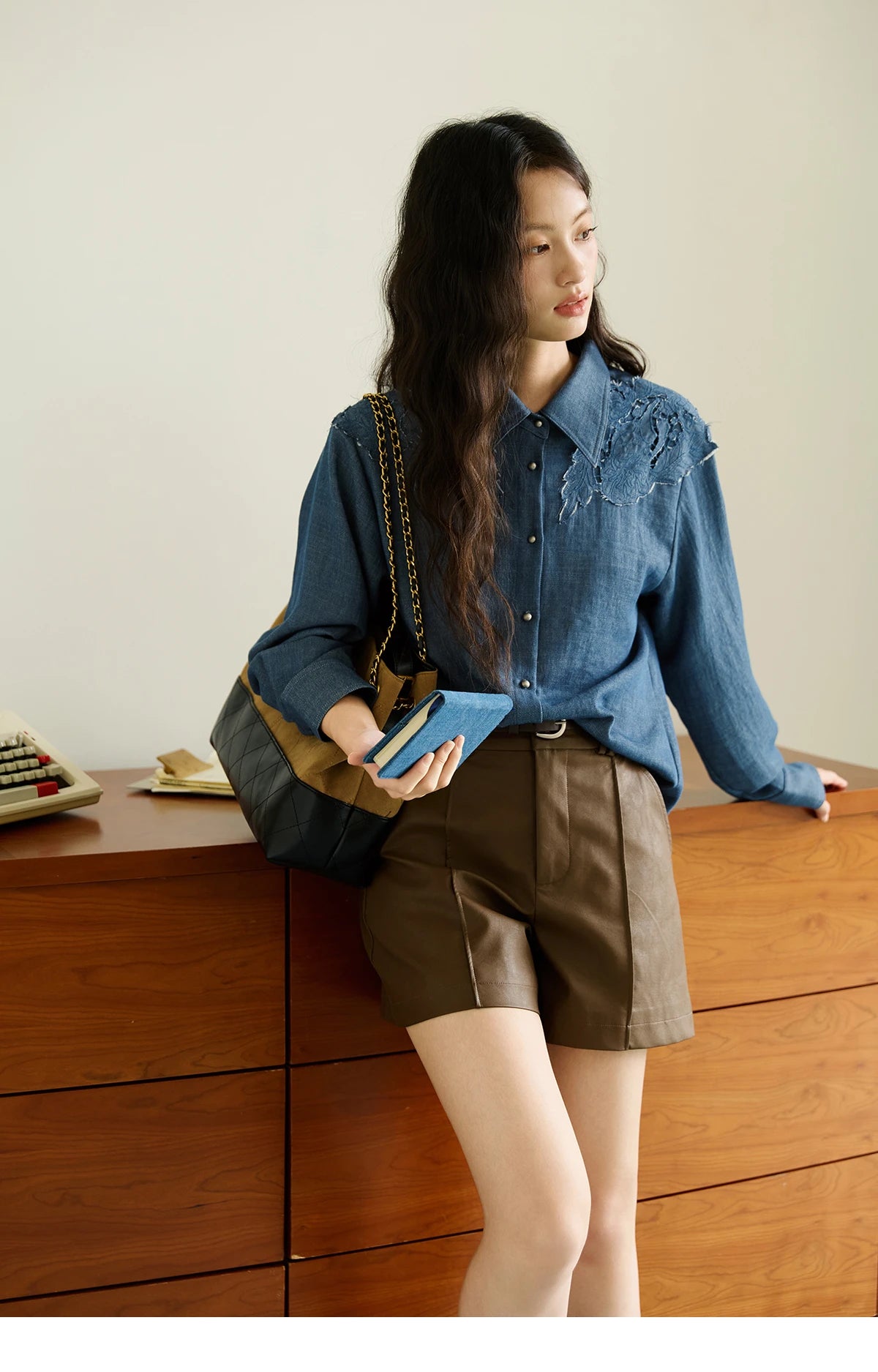 MISHOW Blue Shirt Hollowed Out Patchwork Embroidery Imitation Denim MXE46C2410