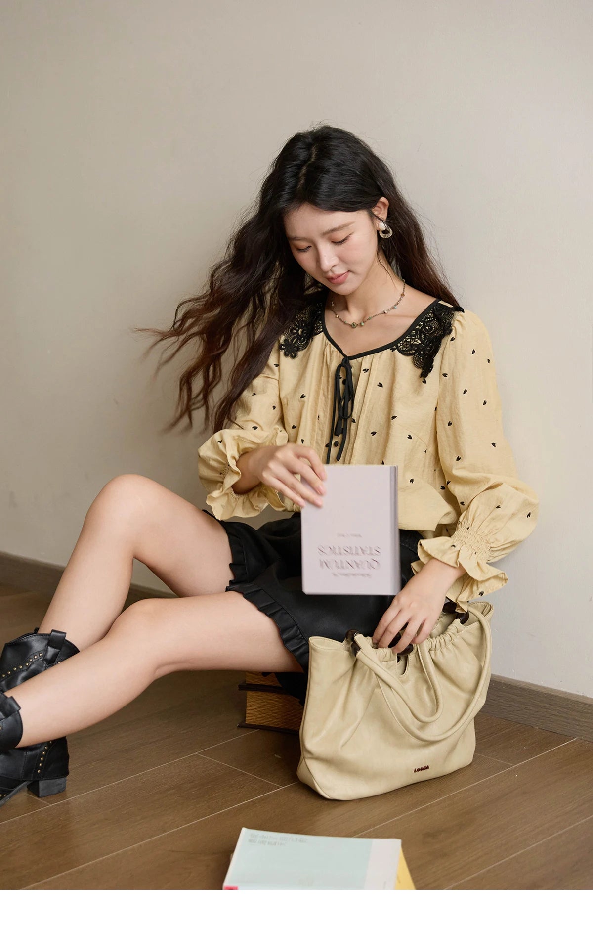 MISHOW Yellow Heart Print Shirt Lace Hollow Collar Bubble Sleeve MXE41X1949