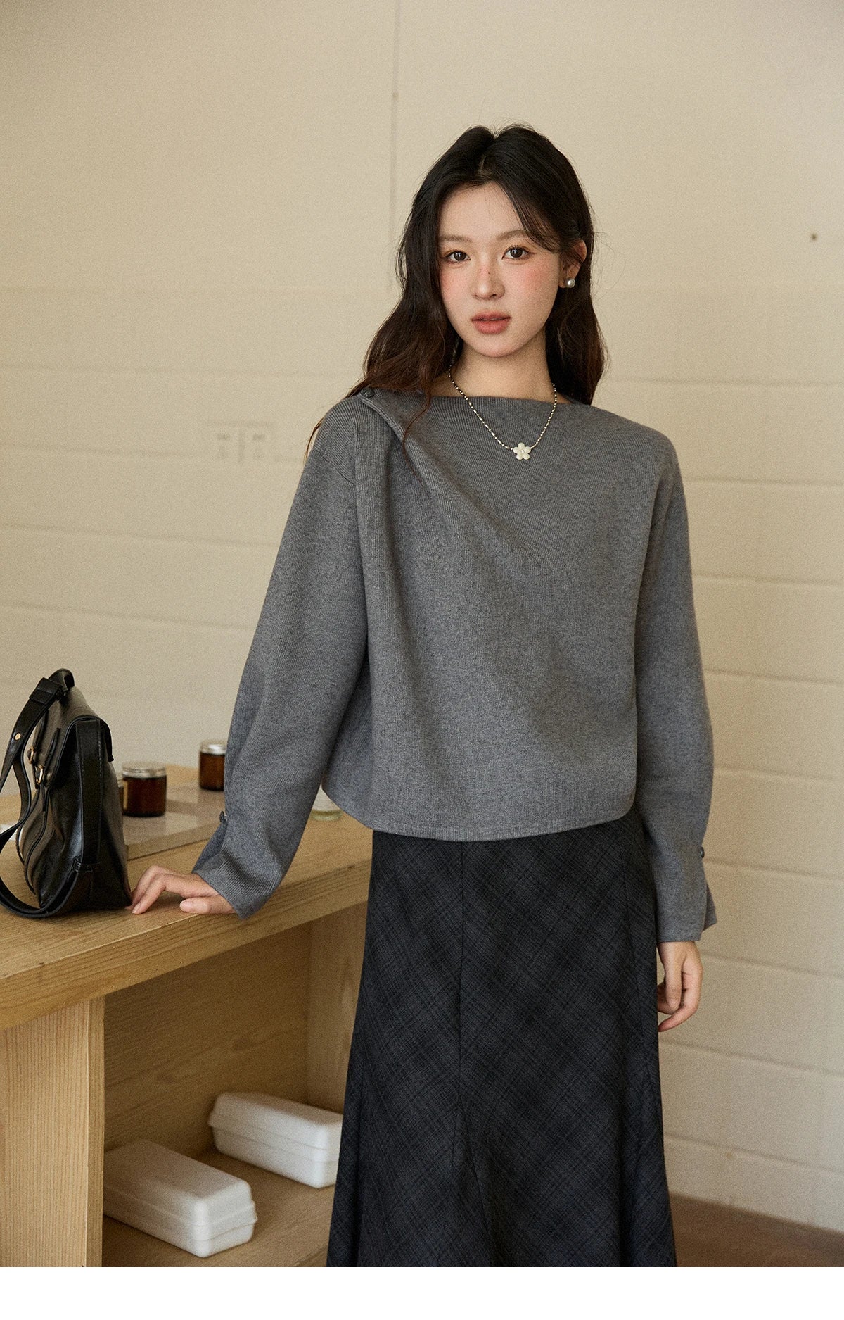 Mishow Gray French Diagonal Placket Knit Pullover MXE86Z2744