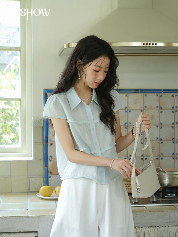 MISHOW Turn-Down Collar Button Shirt Edge Splicing Short Sleeve MXE39C2363