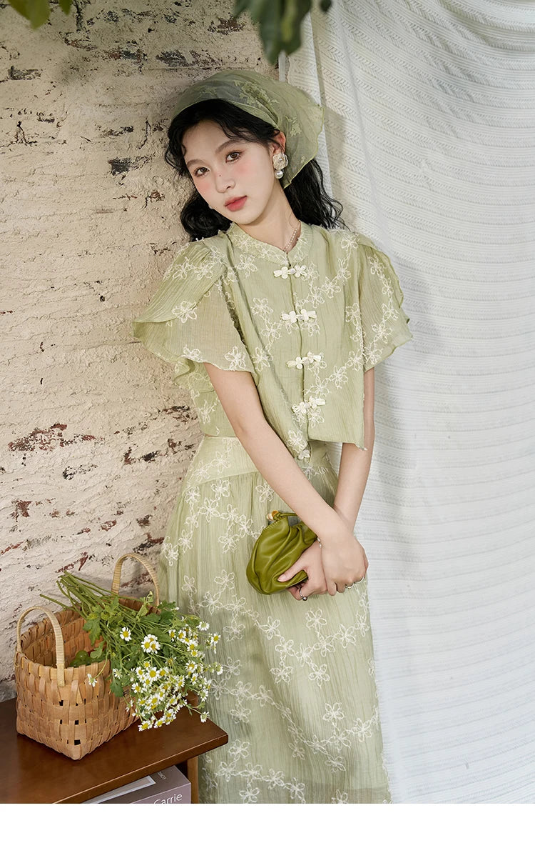 Mishow Chinese Green Stand Collar Top & Selvedge Skirt Set MXD22X1388