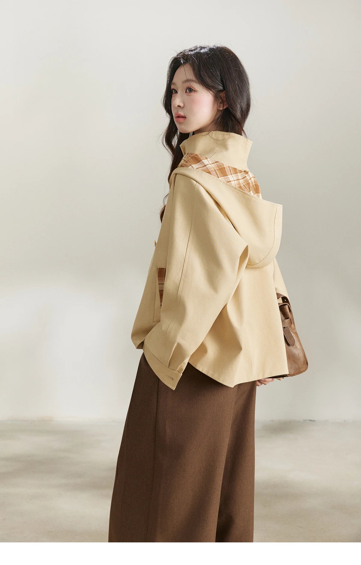 MISHOW Khaki Cropped Trench Coat Lapel Stand Collar MXF108W1003
