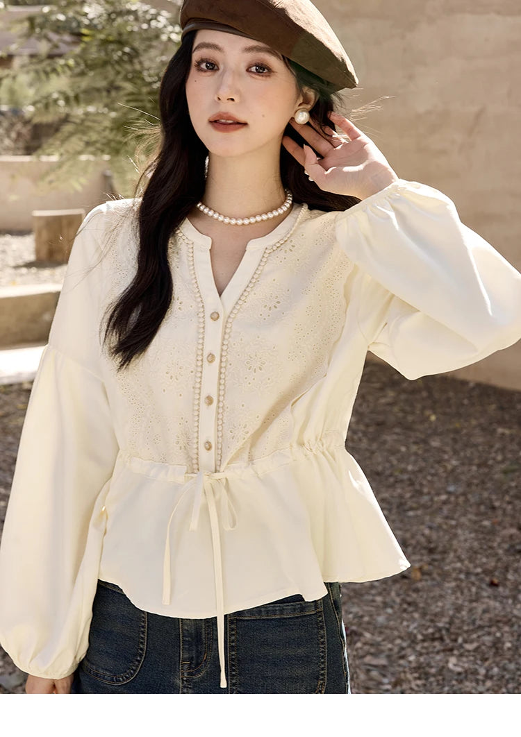 MISHOW French V-Neck Blouse Lace Lantern Sleeve Drawstring Waist MXD45X1660