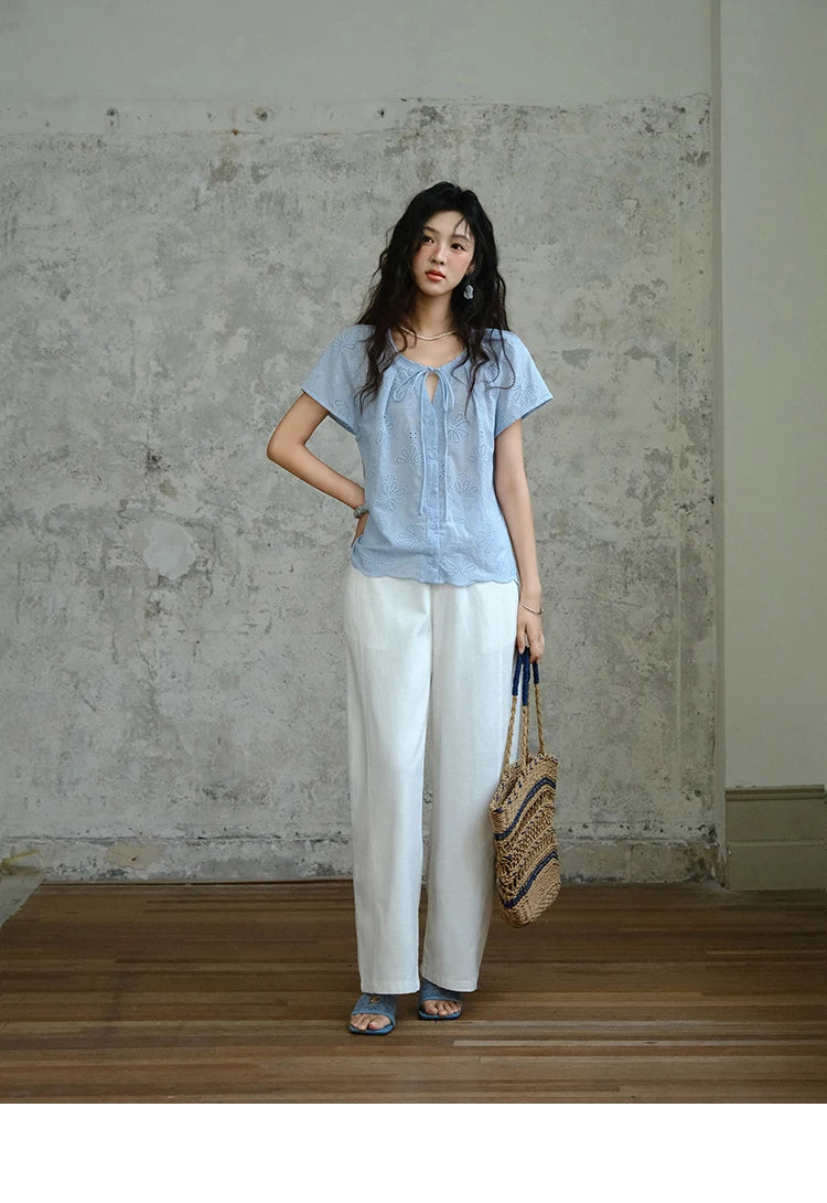MISHOW Cotton Shirt O-Neck Button Lace Up Hollow Embroidery MXE37X1890